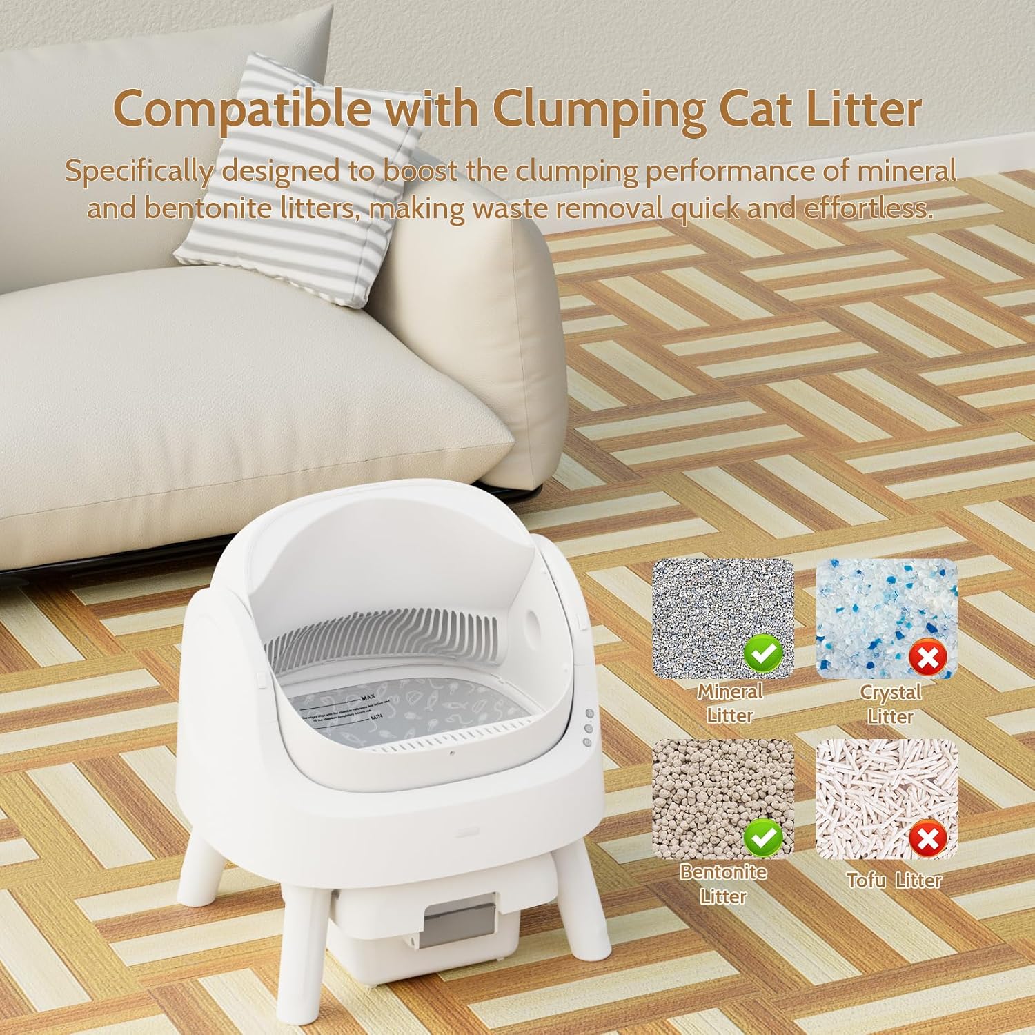 Self-Cleaning Cat Litter Box for Multiple Cats - Automatic, Open Top, White with Liners and Mat Included